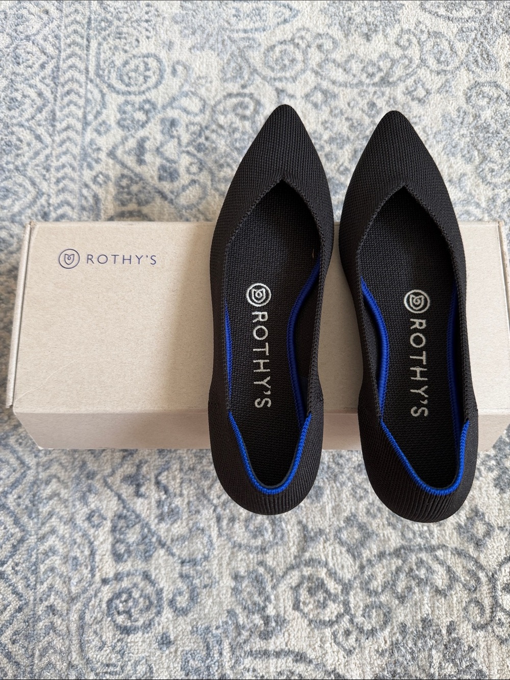 Rothy's Black Pointed Ballet Flats with Blue Trim